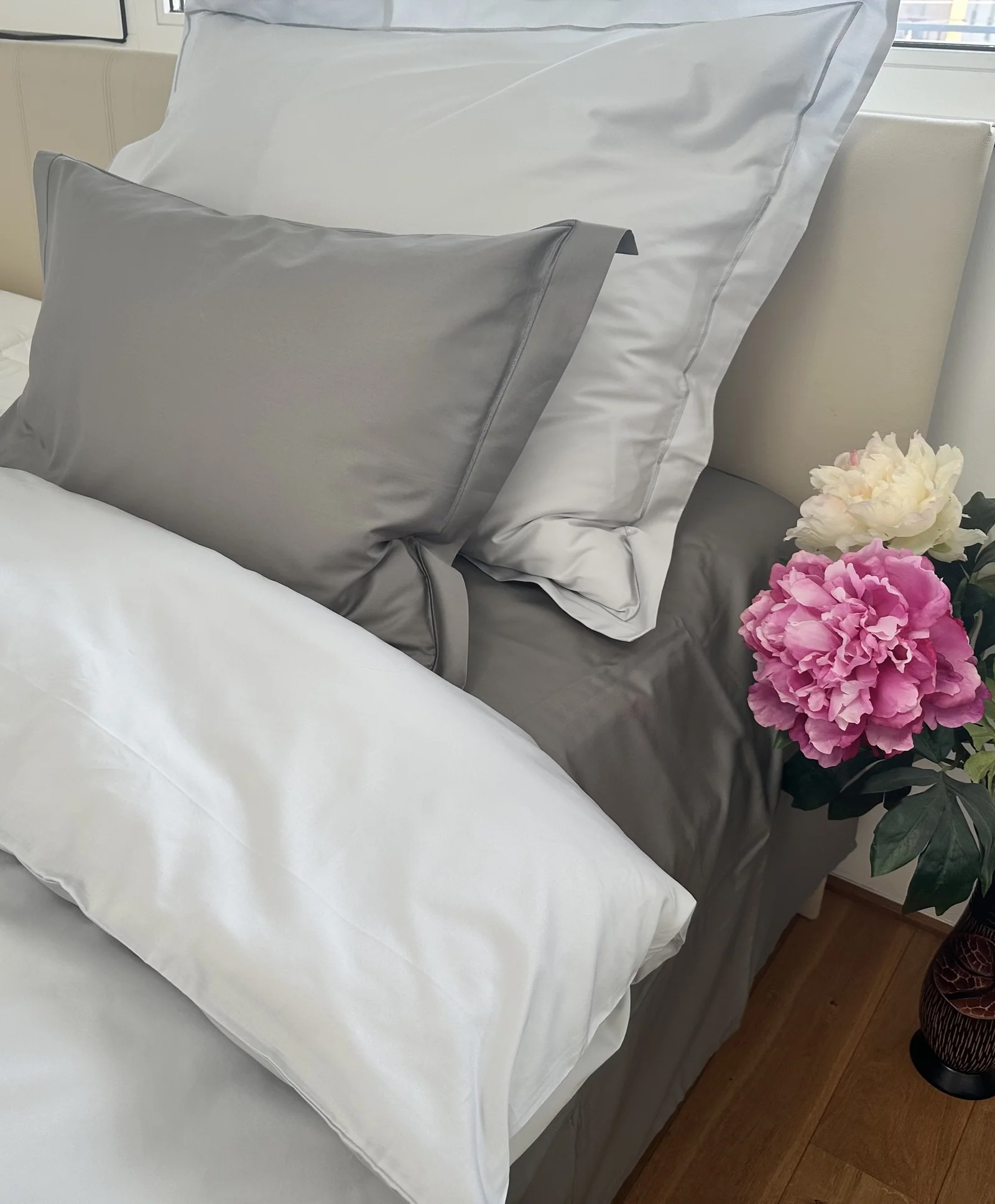 Satin Bettwäsche Set Uni mit Ziernaht